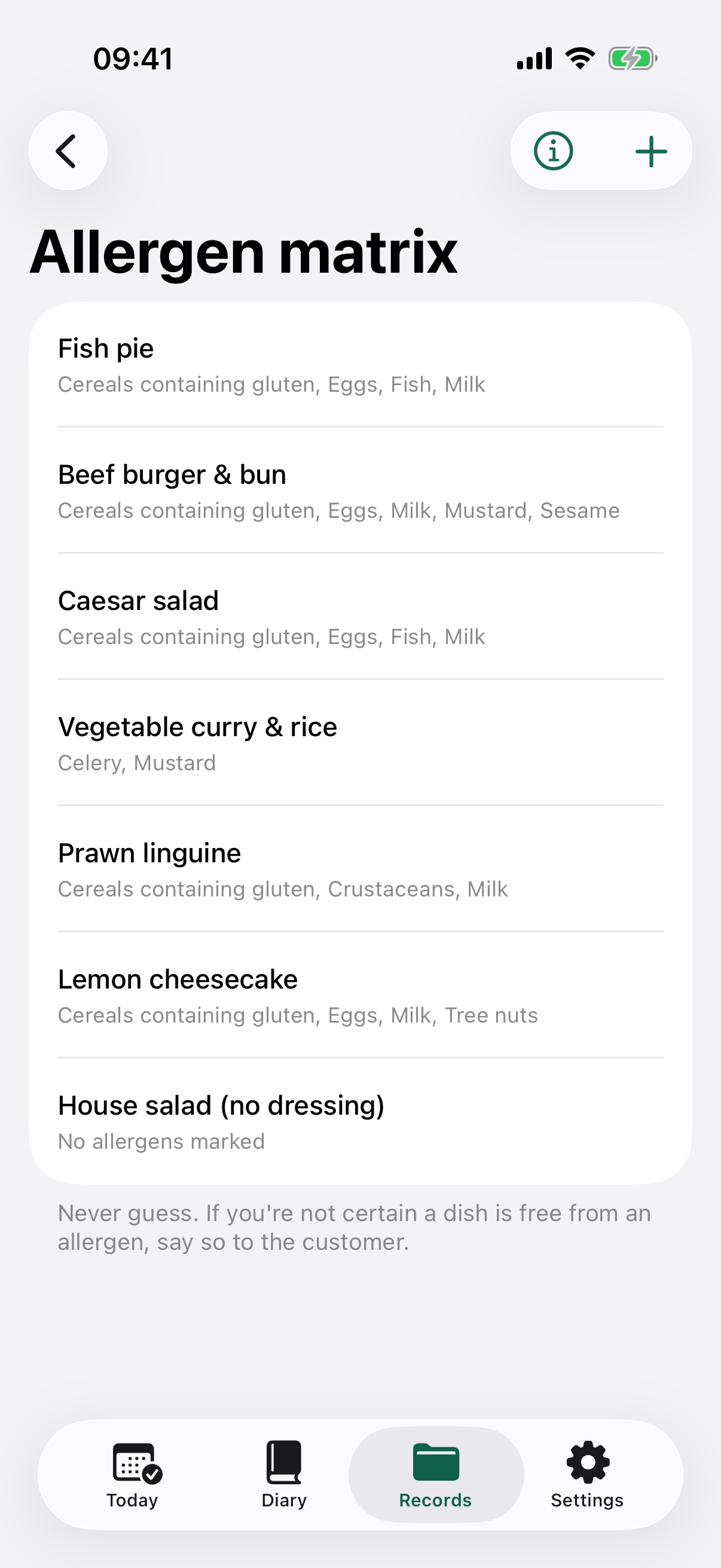 The allergen matrix listing dishes and the allergens each one contains