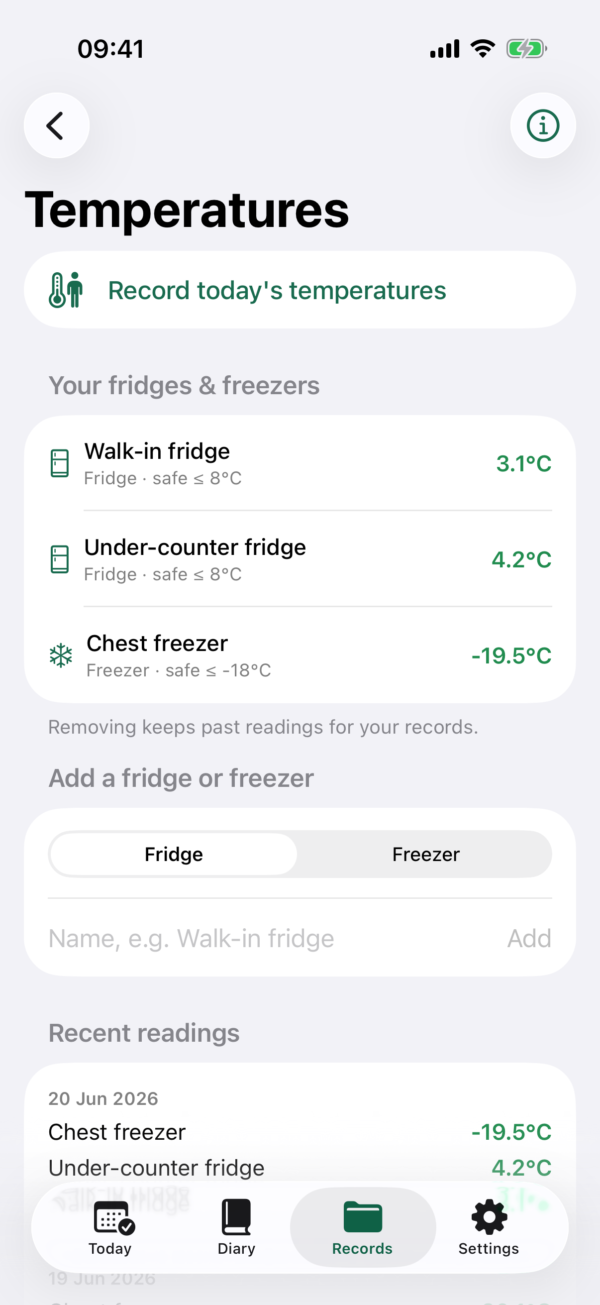 The fridge and freezer temperature log with an out-of-range reading flagged